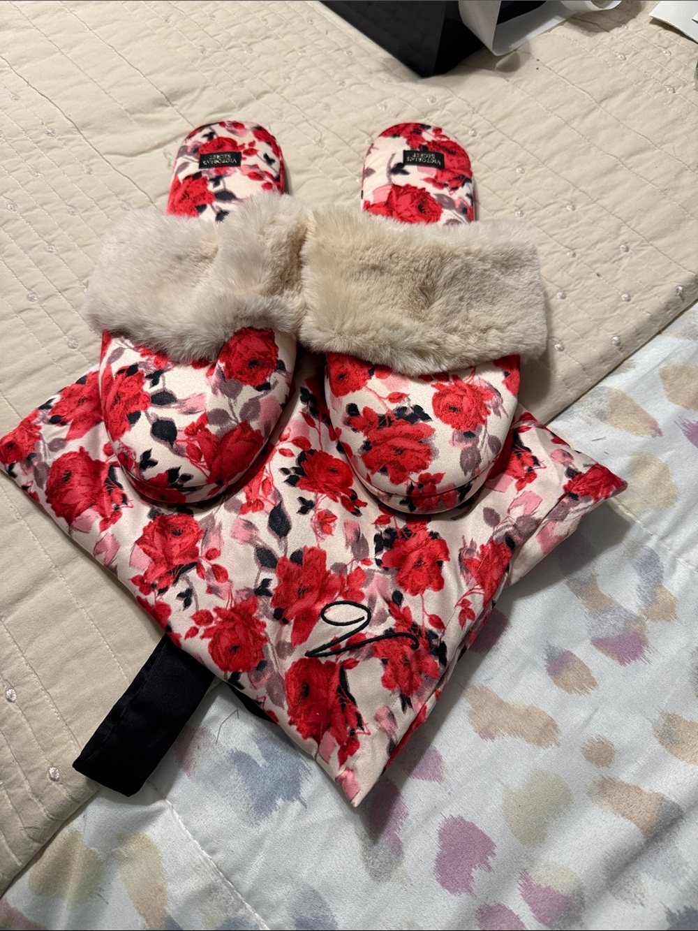 Victoria's Secret Red Floral Faux-Fur Slide Slippers